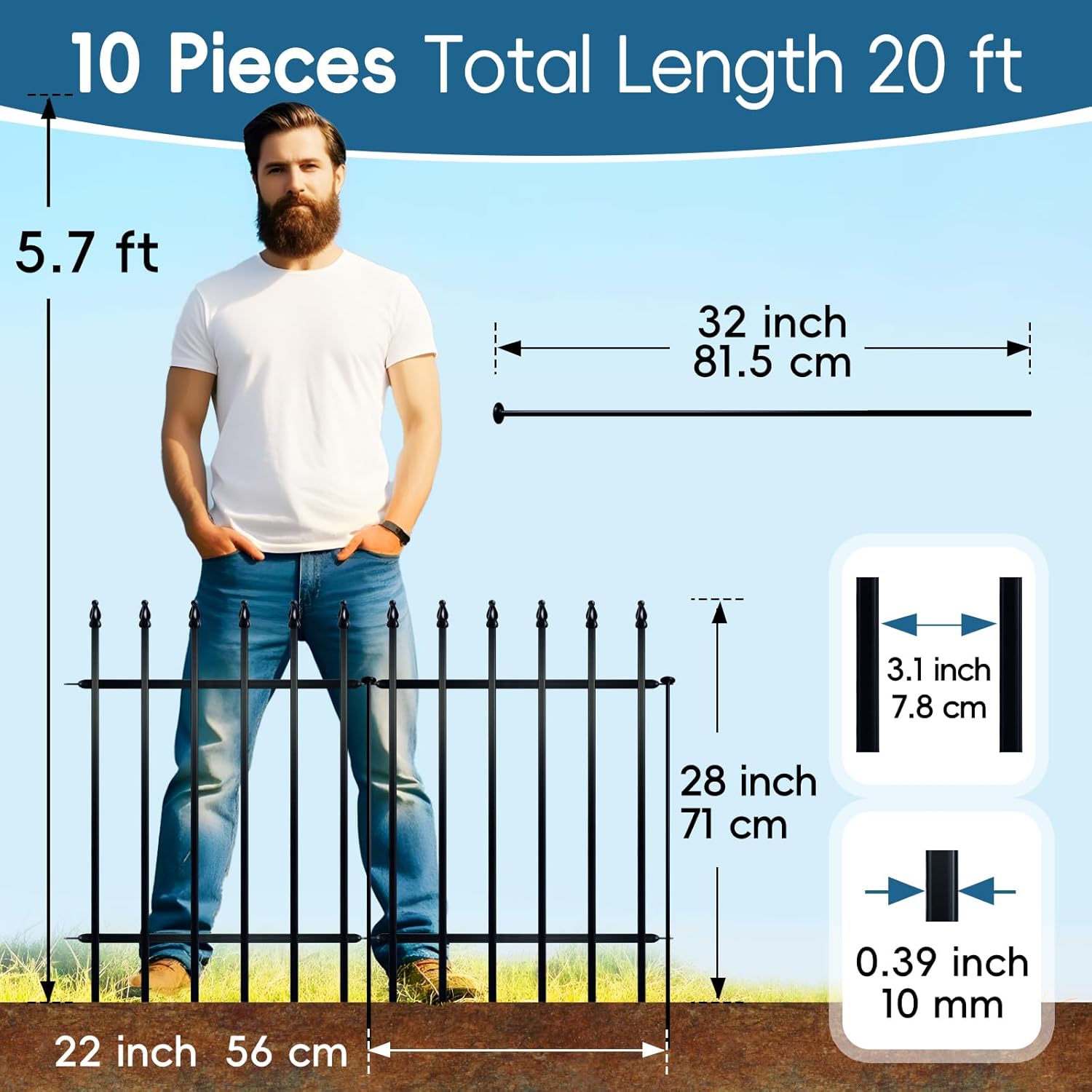 Detalle 2 de Thealyn Metal Garden Fence Decorative 71cm High x 56cm Wide (5 Panels, Total Length 2.75m) – Black