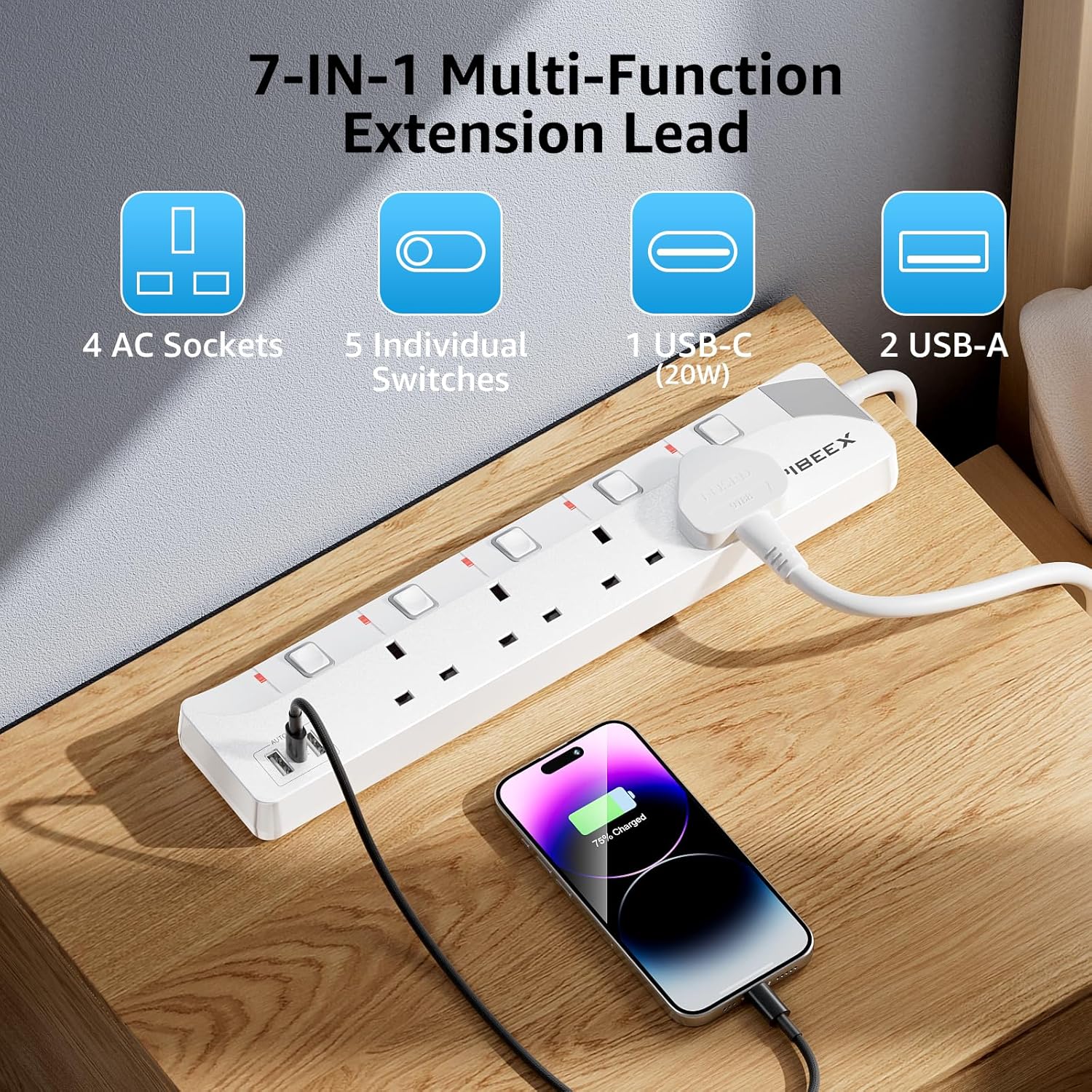 Thumbnail 1 de 10m Extension Lead with USB‑C (20W PD) and 4 Way Multi‑Plug – 13A Fused UK Plug with Individual Switches