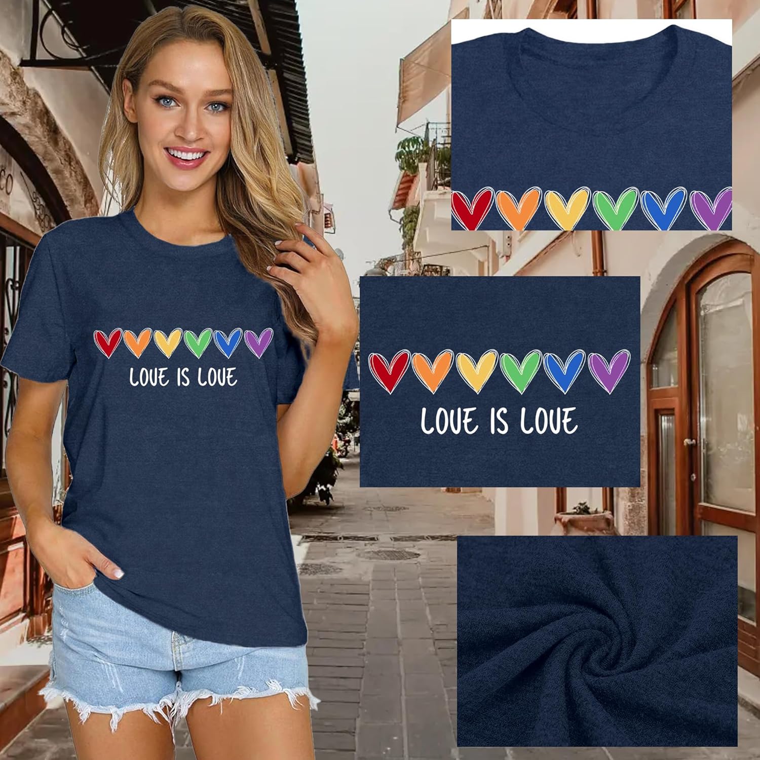Detalle de Qskall Womens Pride T Shirt Rainbow Hearts Shirt Love is Love Top