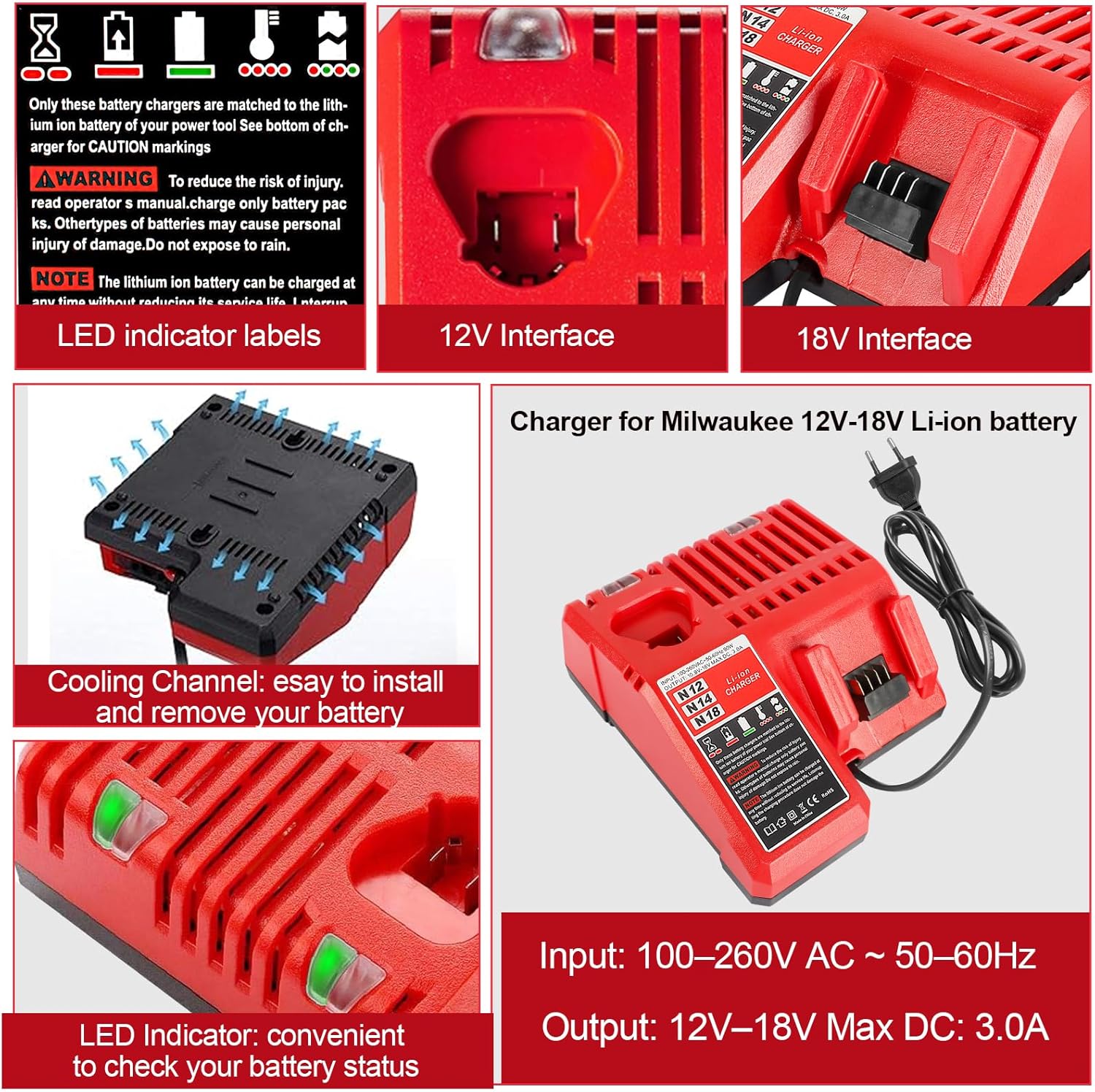 Thumbnail 3 de Powarobor Caricatore rapido multi-voltage 12 V / 18 V per batterie Milwaukee M12/M18 (solo caricatore)