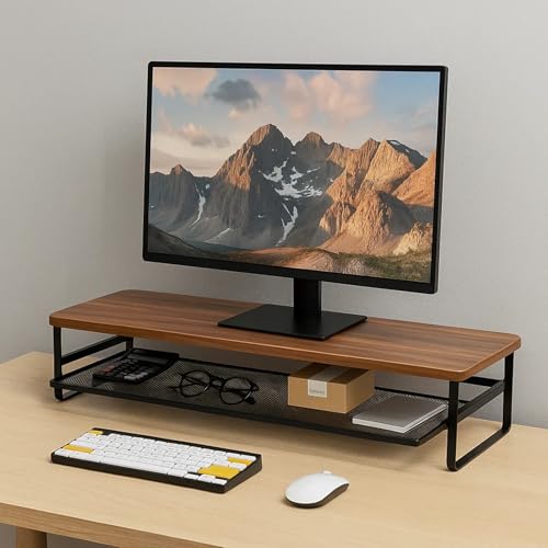 Detalle de M.J COMFY-LIFE Vintage Monitor Desk Stand: Wood Riser with Storage Shelf