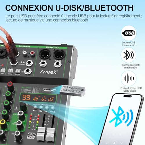 Detalle 2 de Aveek Audio Mixer : Table de Mixage Professionnelle USB/Bluetooth 4 Canaux avec Phantom 48V et DSP