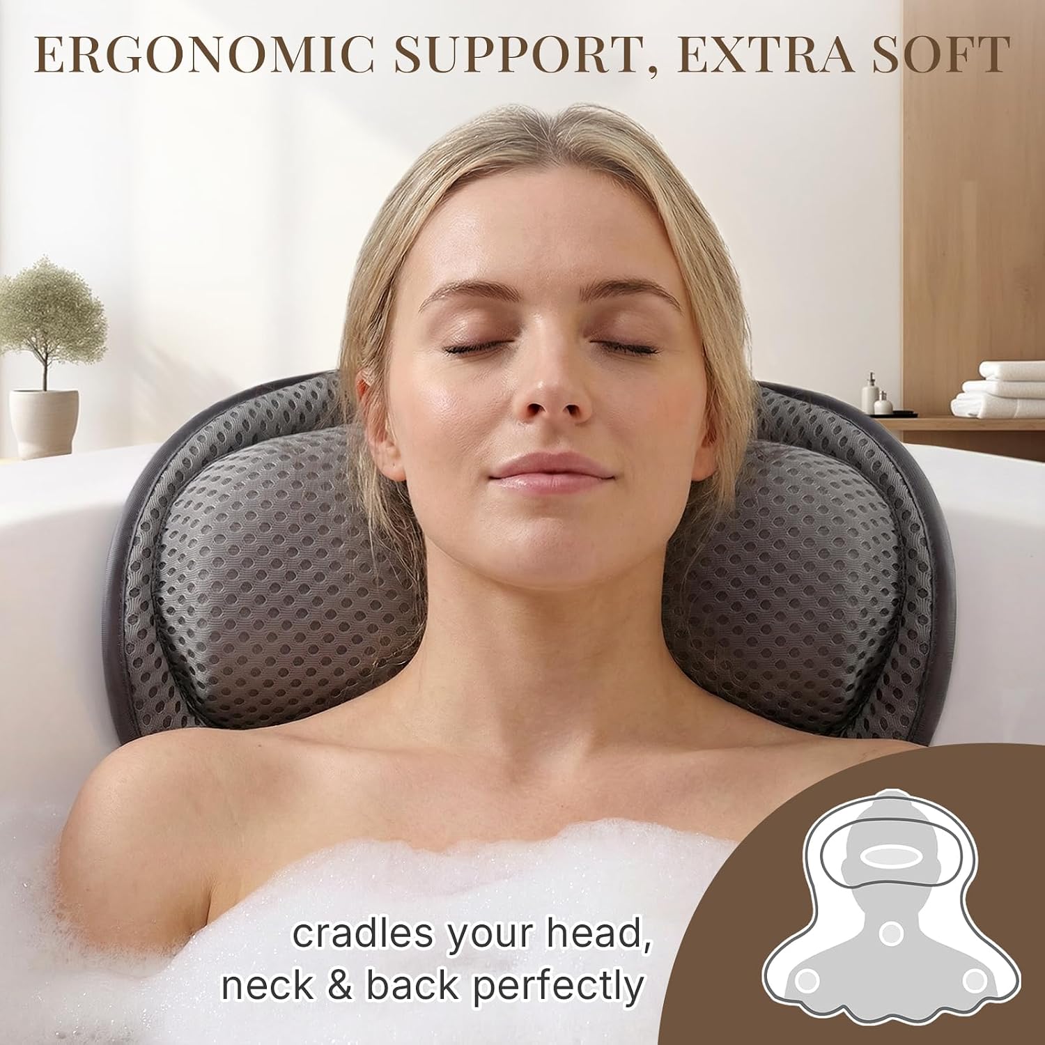 Detalle de Ozyalo 1016 Bath Pillow, Gray 4D Mesh with Padded Headrest