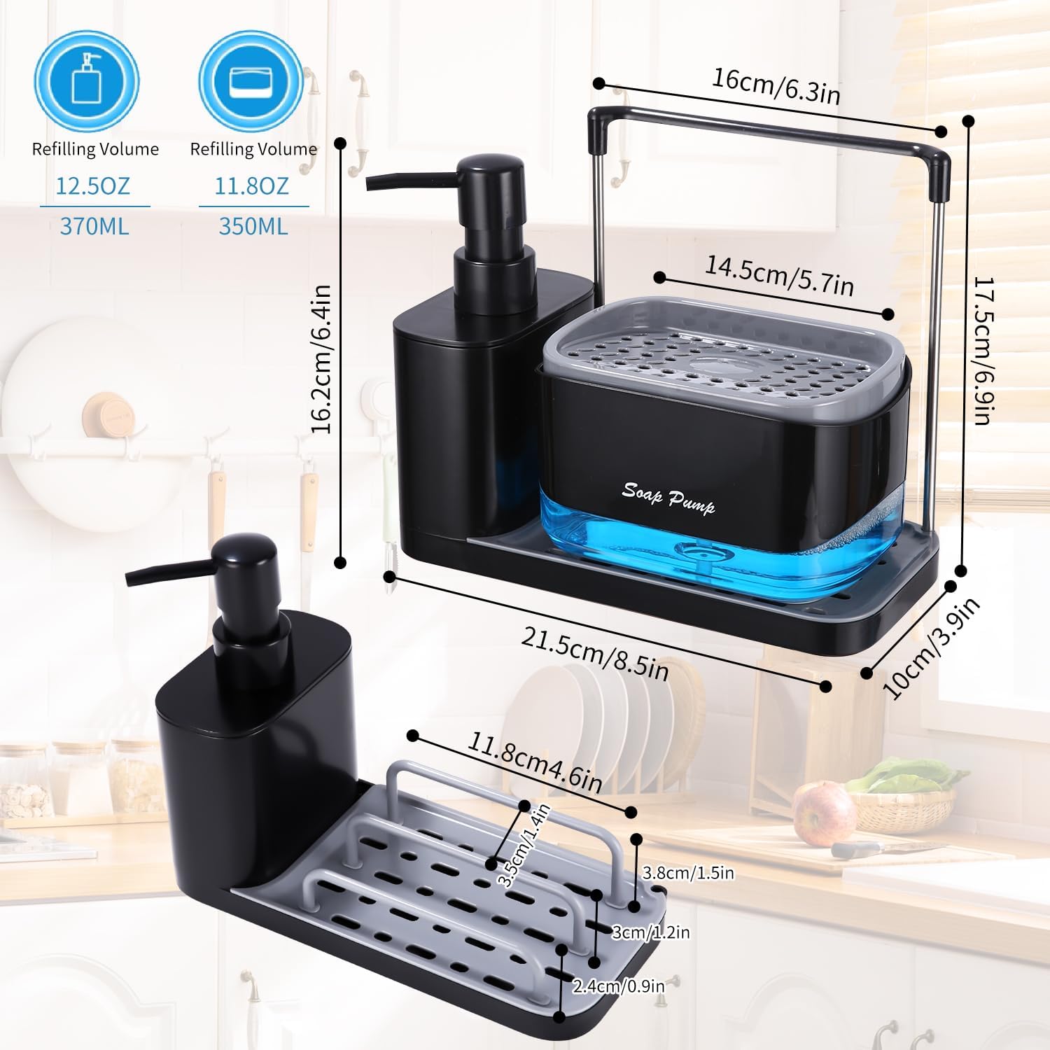 Detalle 2 de Yulado 1 4-in-1 zwarte vaatwasmiddeldispenser met sponshouder