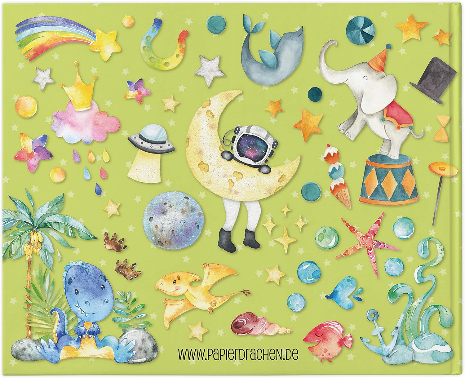 Detalle 2 de Papierdrachen Papierdrachen Freundebuch für Kinder (Grün) mit Dinos, Rittern & Astronauten – für 27 Freunde