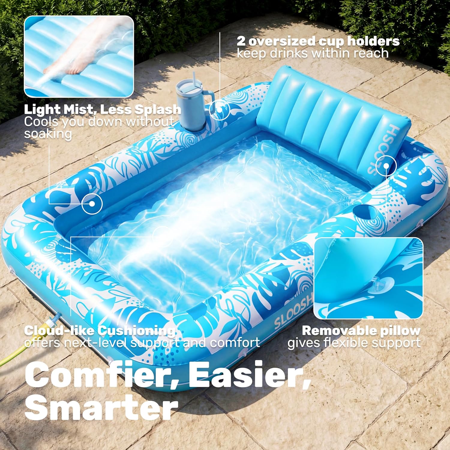 Thumbnail 4 de SLOOSH Misting System Inflatable Tanning Pool Lounger Float — 70" x 46", 6-in-1 Cooling & Lounge with Pillow & Cup Holders