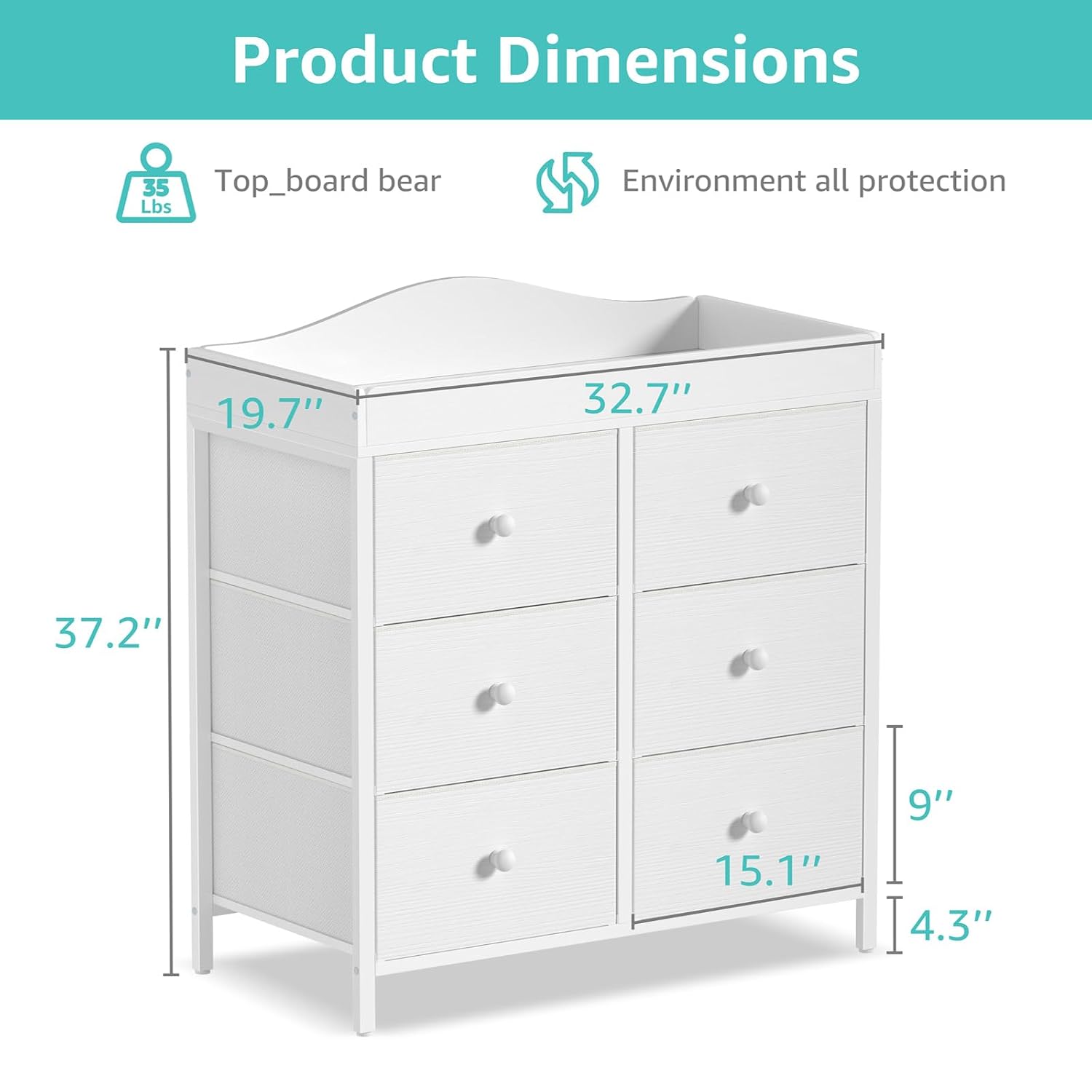 Detalle 2 de BOLUO CT6-W White Changing Table Dresser with 6 Fabric Drawers