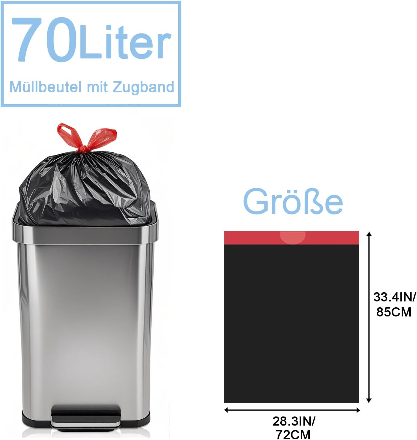Thumbnail 3 de XIYOO Schwarz Müllbeutel 70L mit Zugband, 30 Stück – Mit Tragegriffen und robustem Material