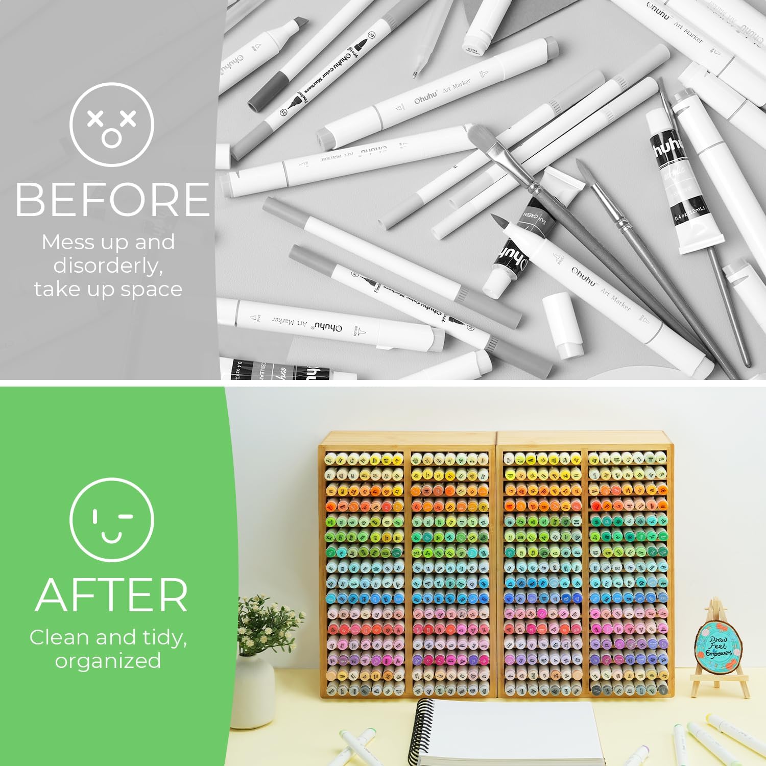 Detalle de Ohuhu Bamboo Marker Organizer – Desktop Storage for 224 Markers (Honolulu Oahu Series) with 18 Compartments