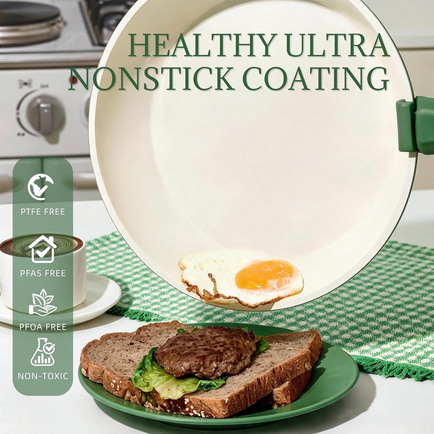 Detalle de Coicur COICUR8PCS 8-Piece Ceramic Cookware Set, Removable Handle, Forest Green