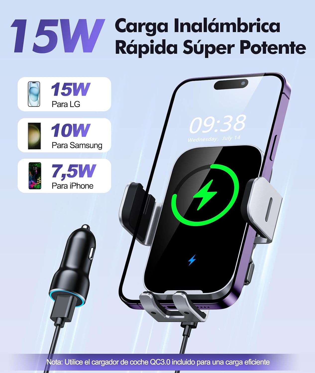 Detalle de ISEYOU Cargador inalámbrico coche 15W