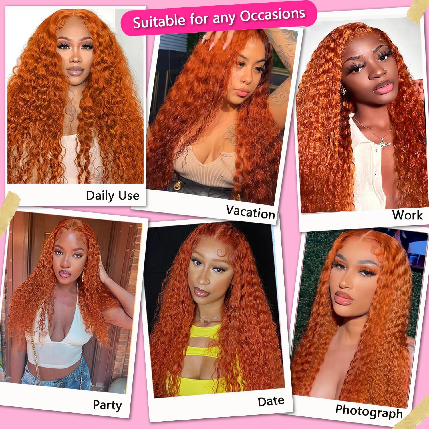 Detalle 2 de 30 Inch Ginger Lace Front Wig (13x4 HD Deep Wave) with Human Hair, 180% Density — Burnt Orange Wet Wavy Curly Wig