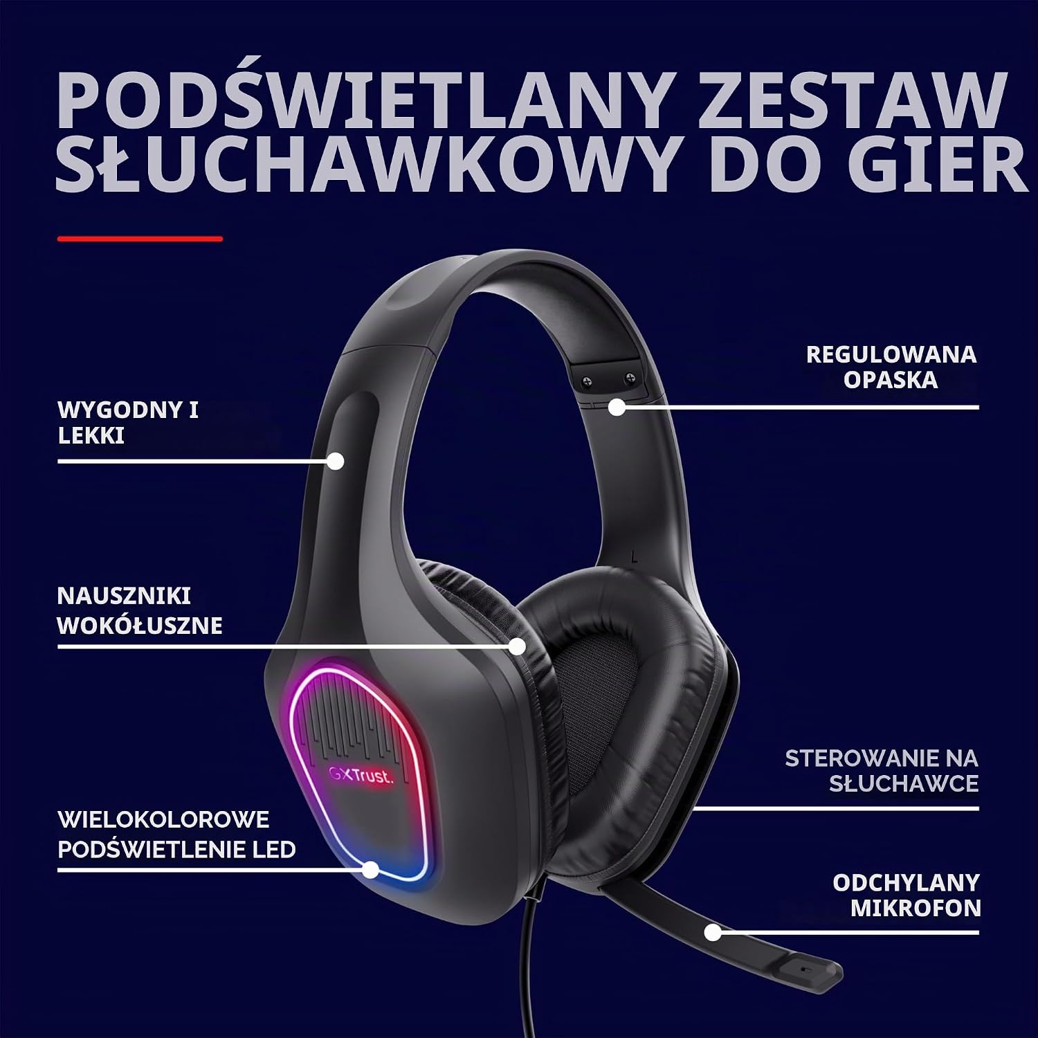 Detalle de GXTrust GXT 419 Rayne – przewodowy headset gamingowy z przetwornikami 50 mm i LED