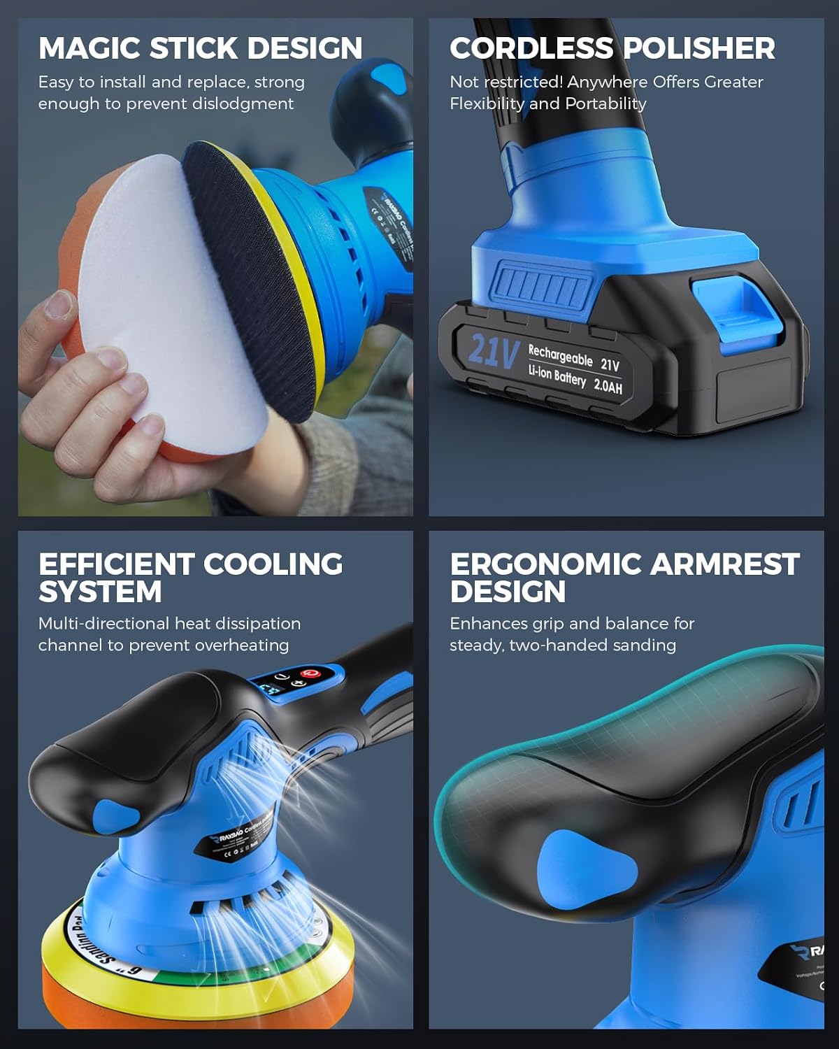 Thumbnail 4 de RAYBAO Cordless Car Polisher: 6-Inch DA Buffer with 9mm Orbit, 8 Speeds, Dual Batteries