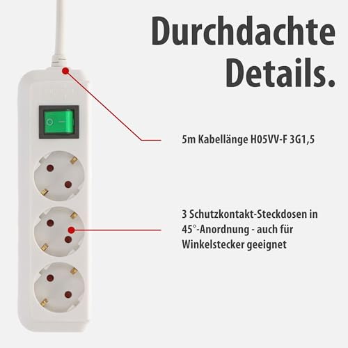 Detalle 2 de Brennenstuhl Eco-Line 3-Fach Steckdosenleiste mit 5 m Kabel, weiß