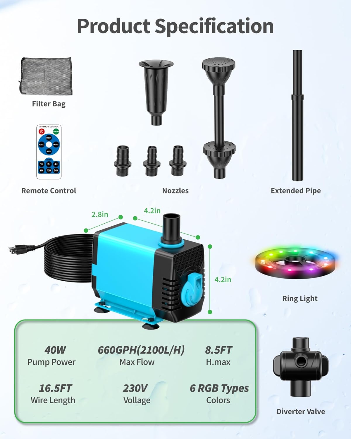 Thumbnail 5 de POPOSOAP Pond Fountain with RGB Lights (40W Submersible Pump, 2100 L/h) for Day & Night Pond Decoration