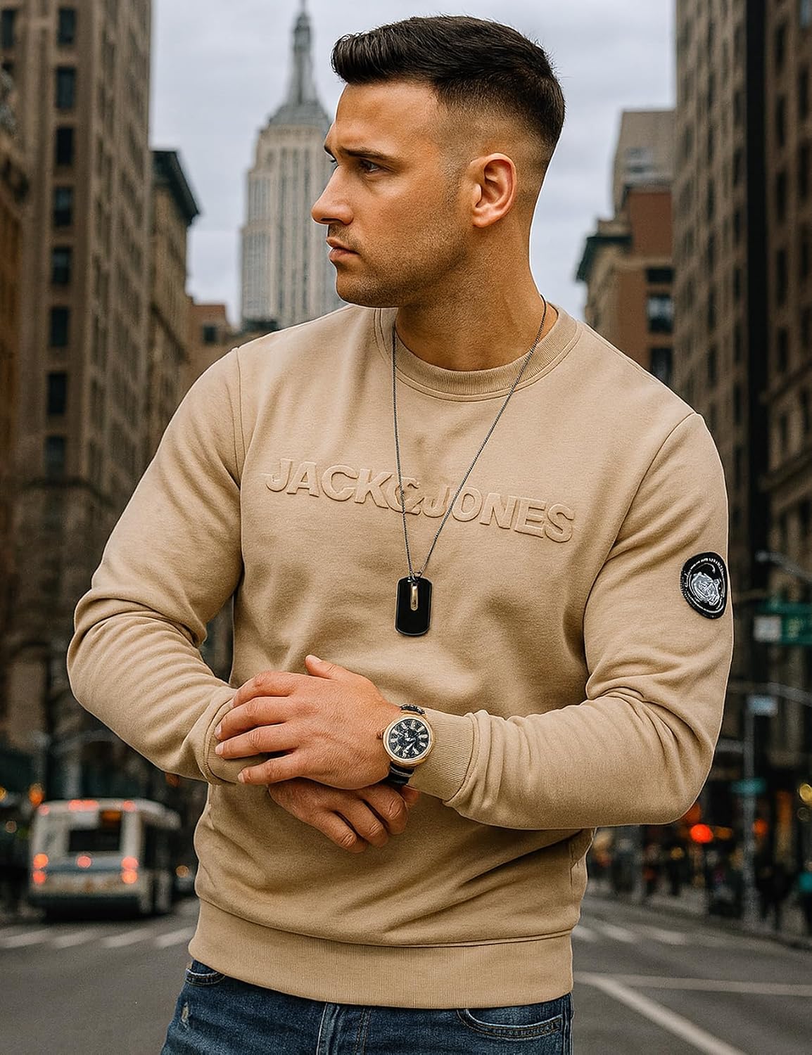 Detalle de JACK & JONES Infinity Herren Sweatshirt Austin Pullover – Rundhals, Logo auf der Brust, Baumwoll-Mischung
