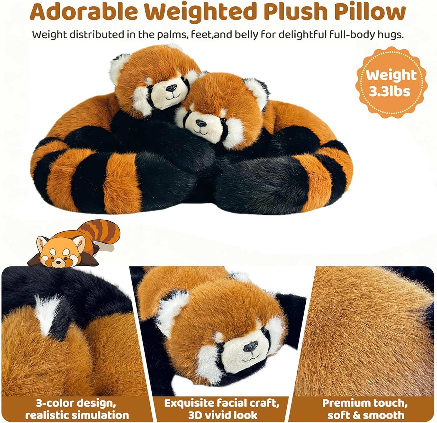 Detalle de asterbud Weighted Red Panda Stuffed Animal 1.5kg – A comforting, bendable plush for anxiety relief and sleep support