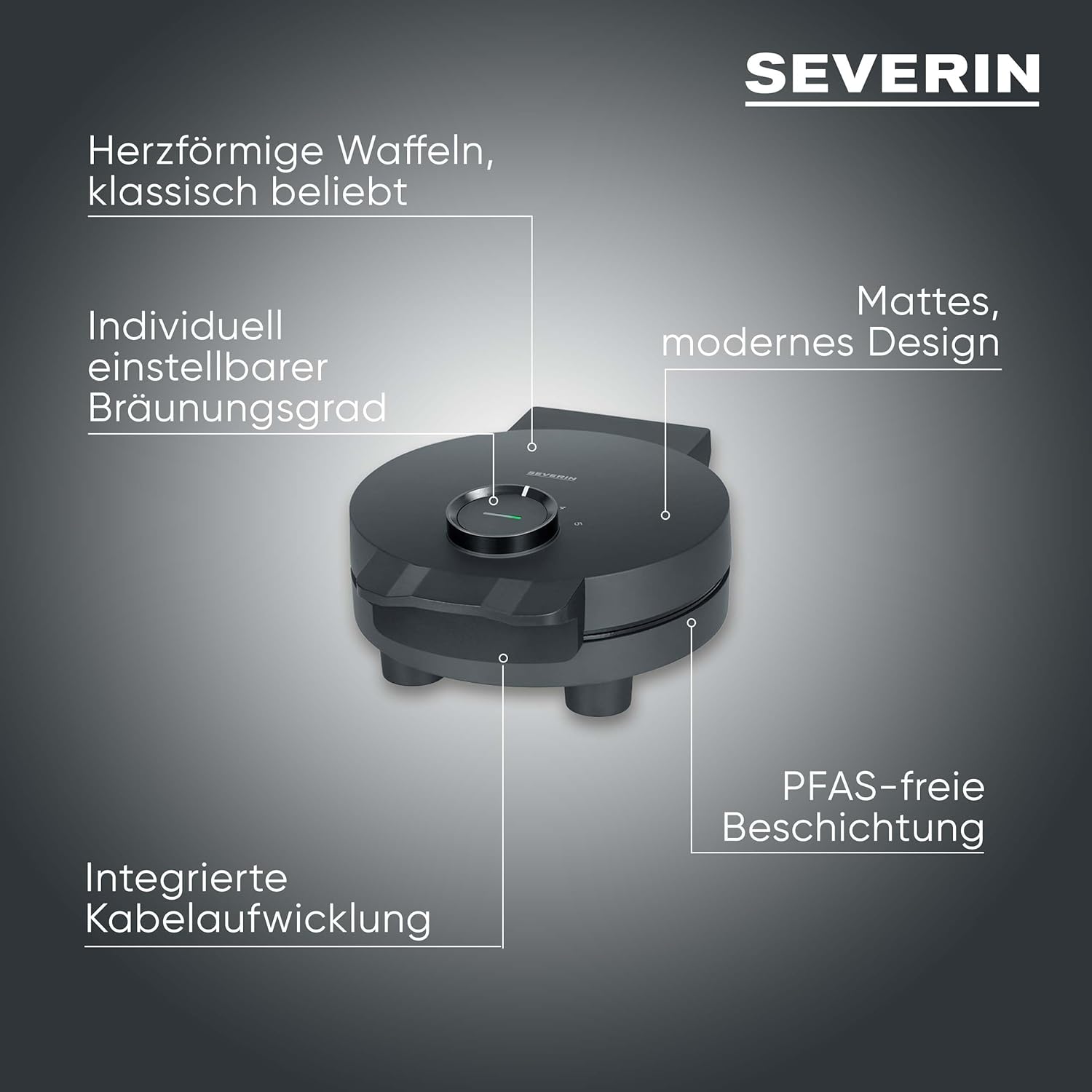 Detalle 2 de SEVERIN Waffeleisen Black Line WA 2117 – Herzwaffeln, PFAS-frei, 1000 W