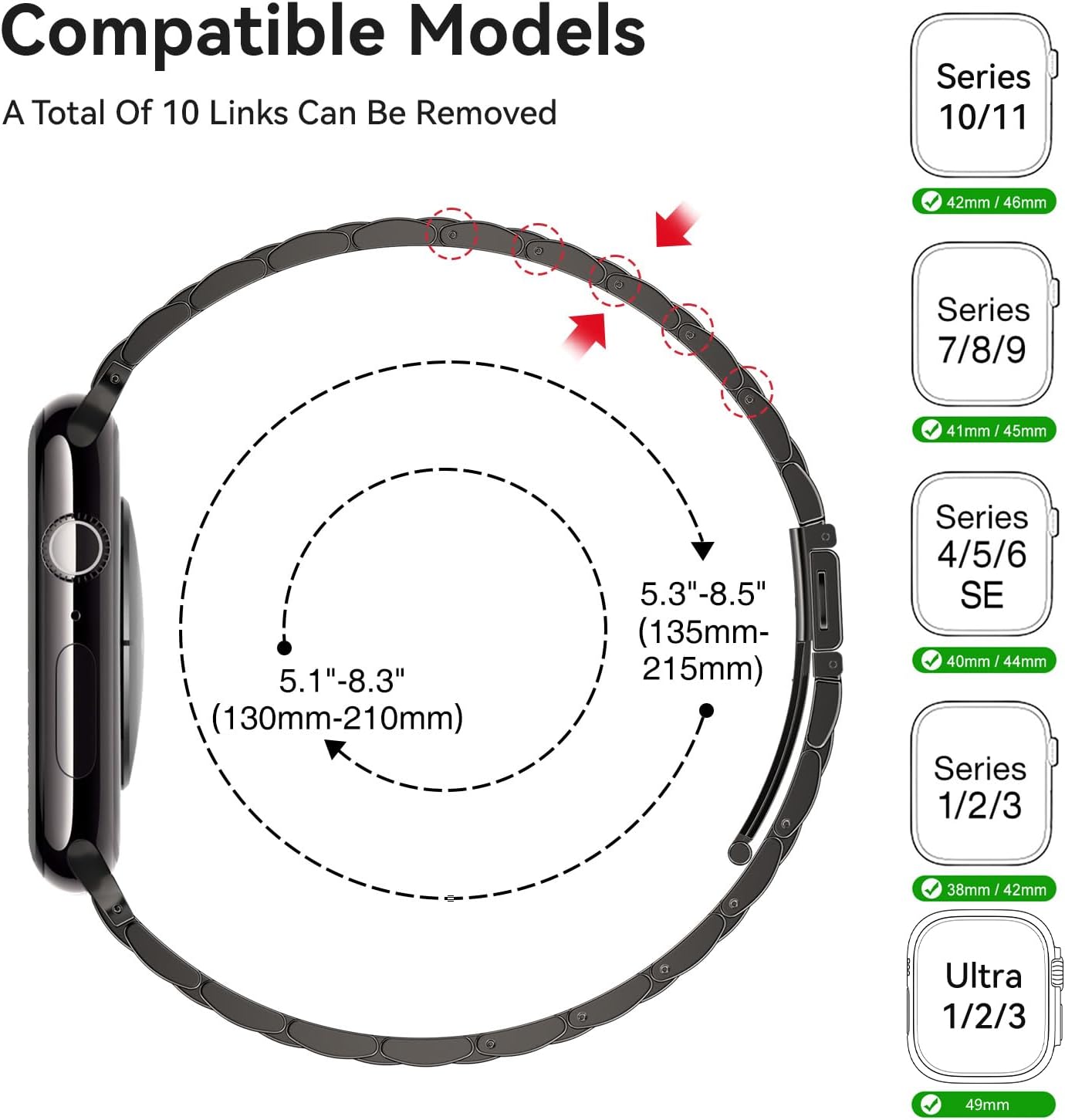 Thumbnail 4 de QAZNZ Stainless Steel 42mm Watch Strap for Apple Watch Series 10/11 (Dark Gray) – Adjustable Metal Link Band
