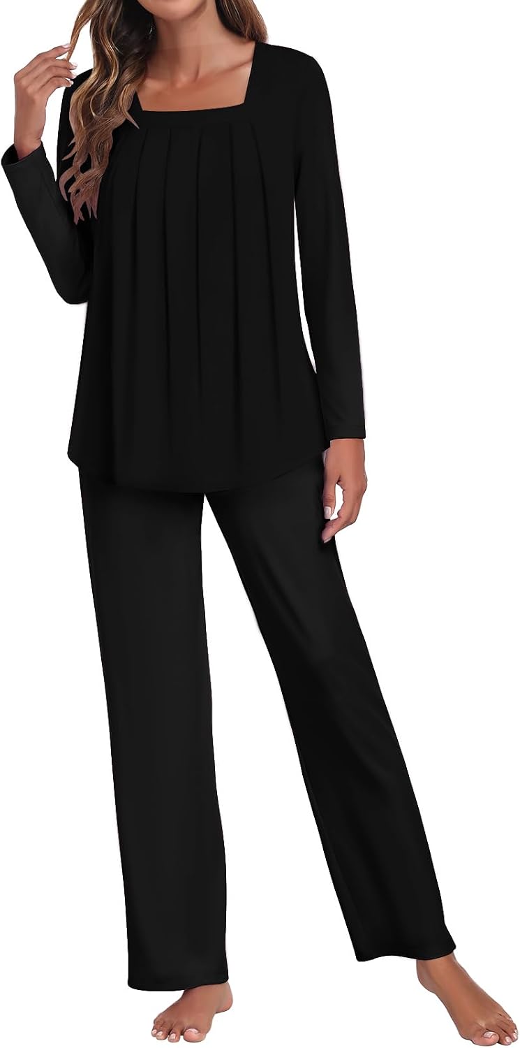Detalle 1 de Tencede Women's Two-Piece Pajama Set, Long Sleeves, Square Neck and Pockets