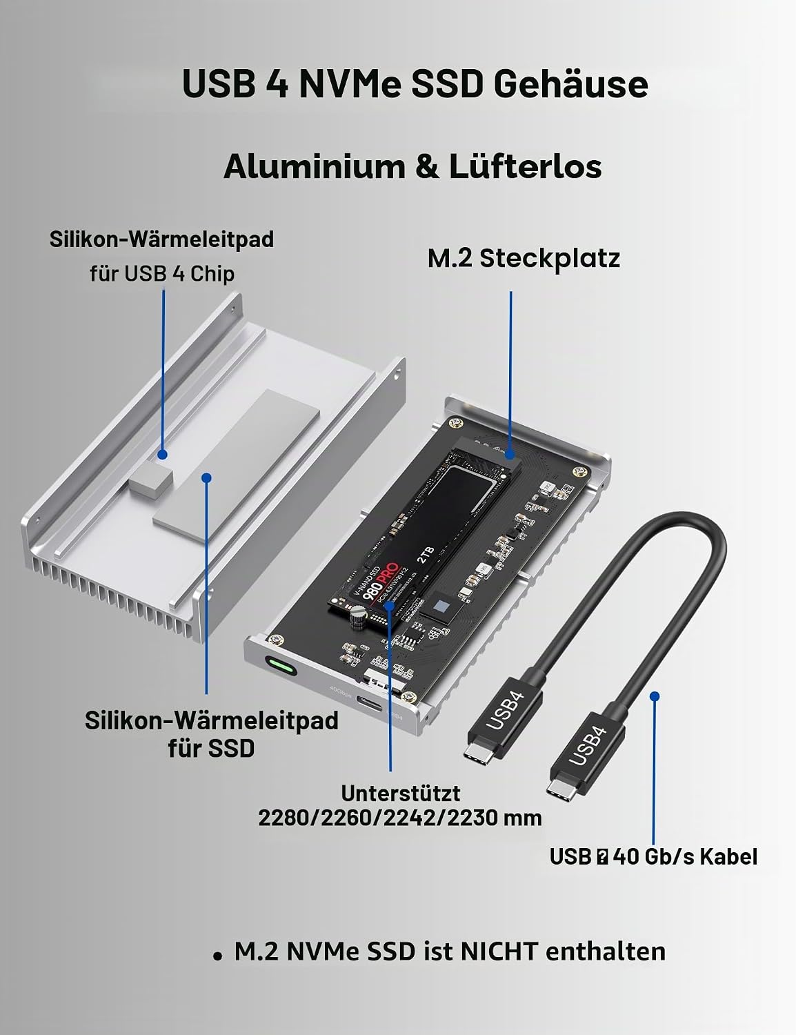 Thumbnail 6 de GEWOKLIY MC40-Silver: Geräuschloses 40 Gbit/s M.2 NVMe Gehäuse für Thunderbolt 4/3