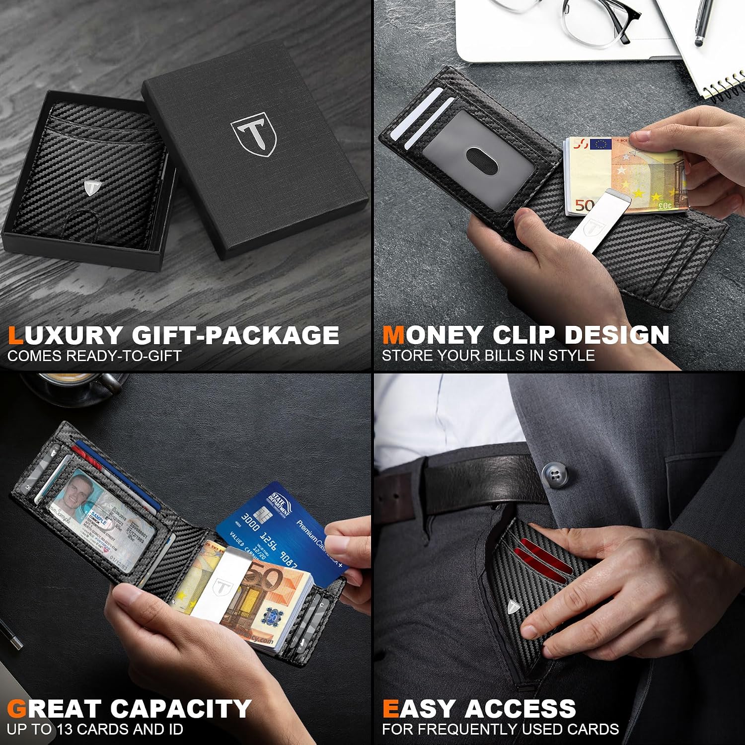 Detalle 2 de Tomylv Men’s Slim RFID Blocking Carbon Fibre Wallet with 12 Card Slots, Money Clip & ID Window (Black)