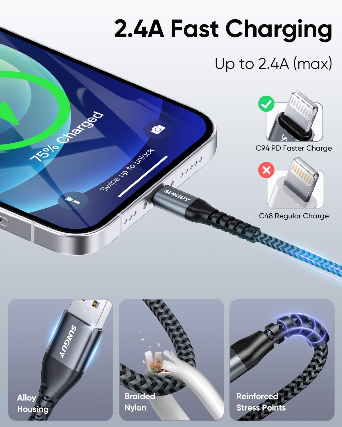 Detalle de SUNGUY iPhone Cable 3 m (x2) MFi certifié USB vers Lightning