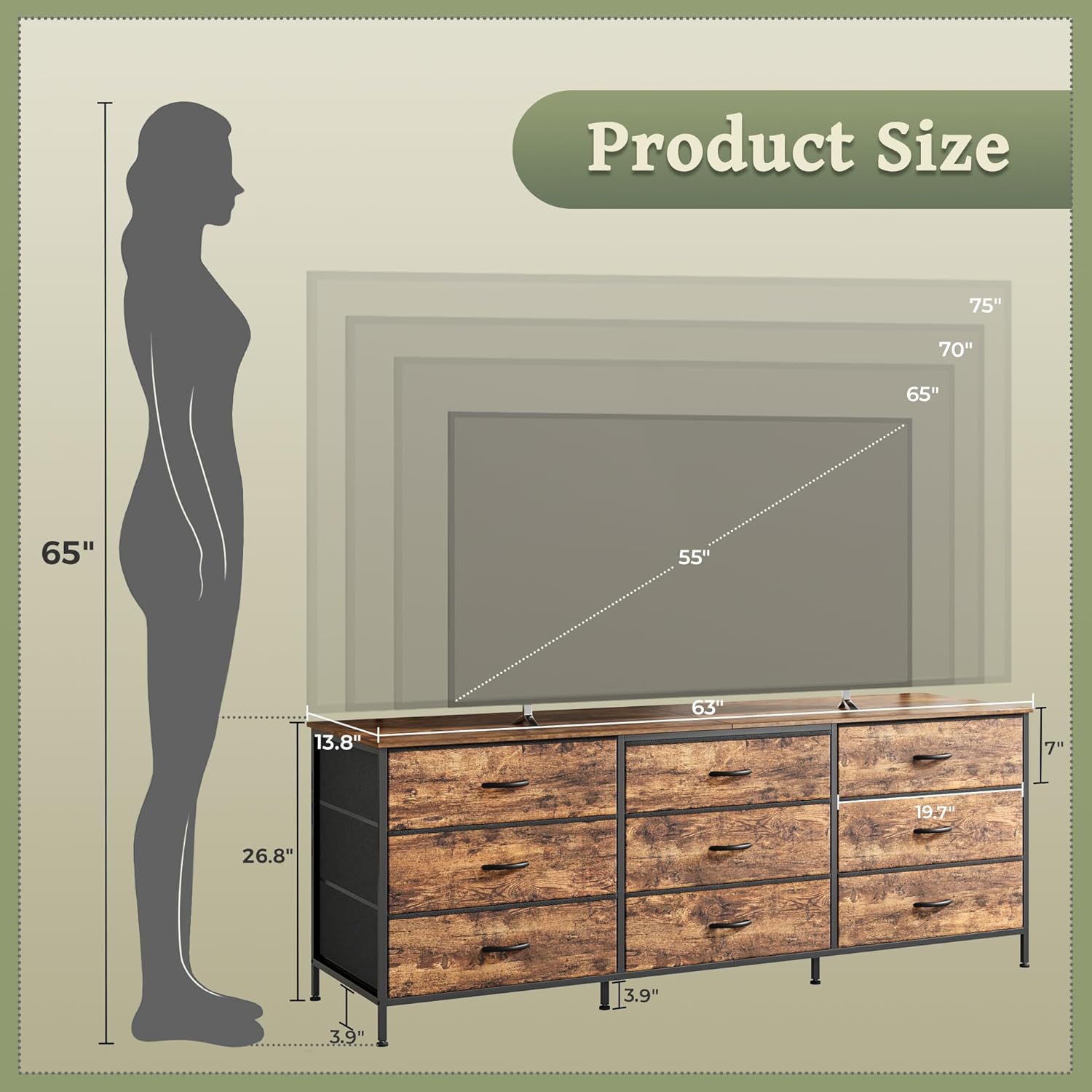 Detalle de Huuger 63 Inch Dresser with 9 Drawers — TV Stand