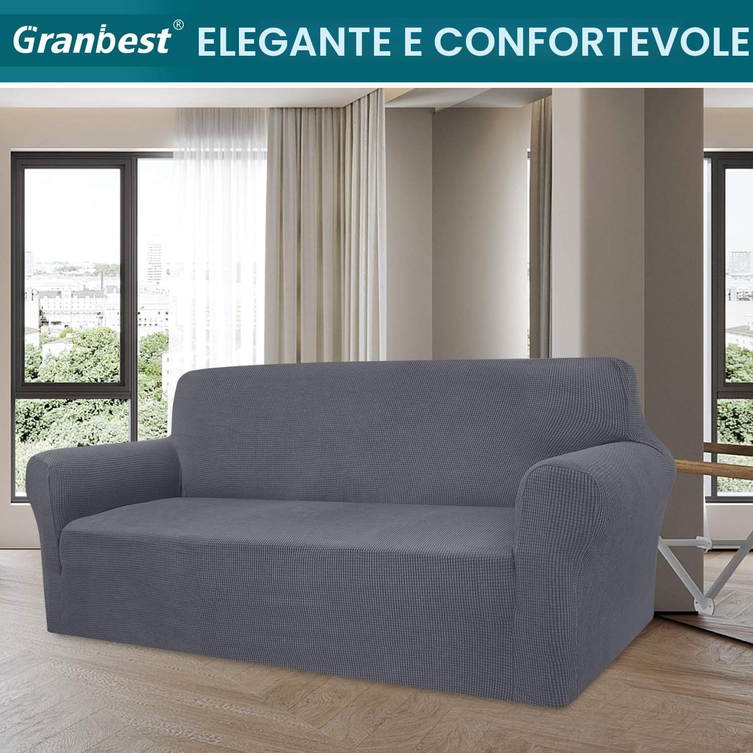 Detalle de Granbest Copridivano Elasticizzato 4 posti Grigio: Vestibilità perfetta e protezione per il soggiorno