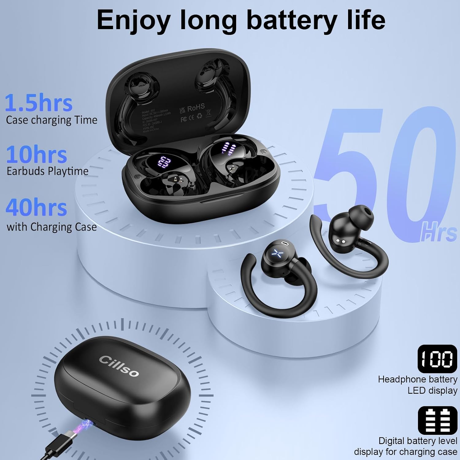 Detalle de Bluetooth Kopfhörer Sport, 2026 In Ear – IPX7, 60h Laufzeit, LED Display, ENC Noise Cancelling, USB-C