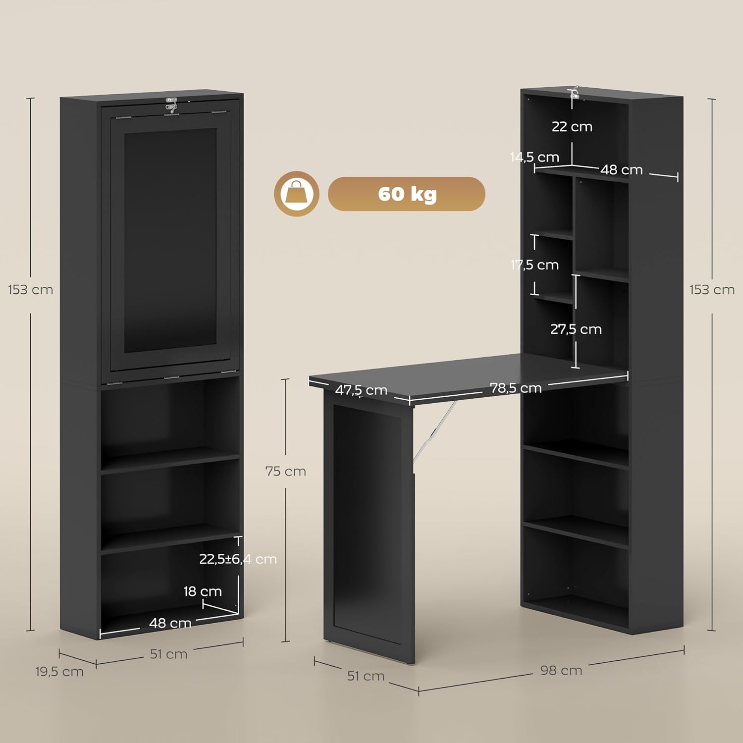 Detalle de HOMCOM Bureau Informatique Pliable avec Bibliothèque et Tableau Noir – 98 x 51 x 153 cm