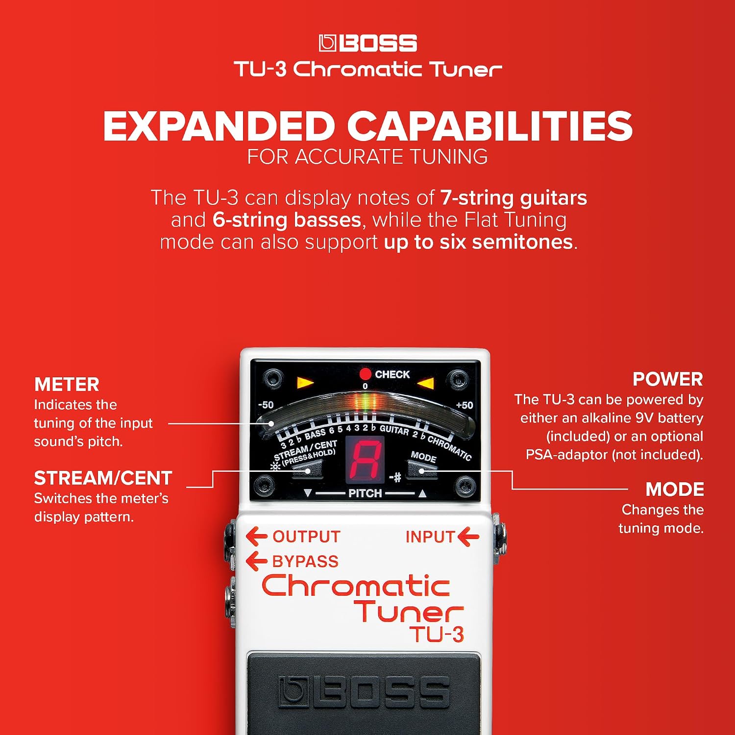 Detalle 2 de BOSS TU-3 Chromatic Tuner for Guitar and Bass, 21-Segment LED Meter
