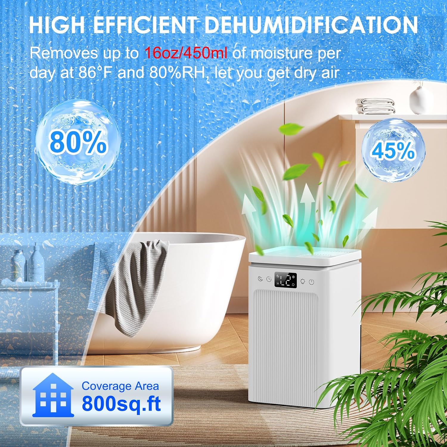 Detalle 2 de KCONBS Dehumidifier with Sleep Mode, Auto Shut-Off and Colour LED Light