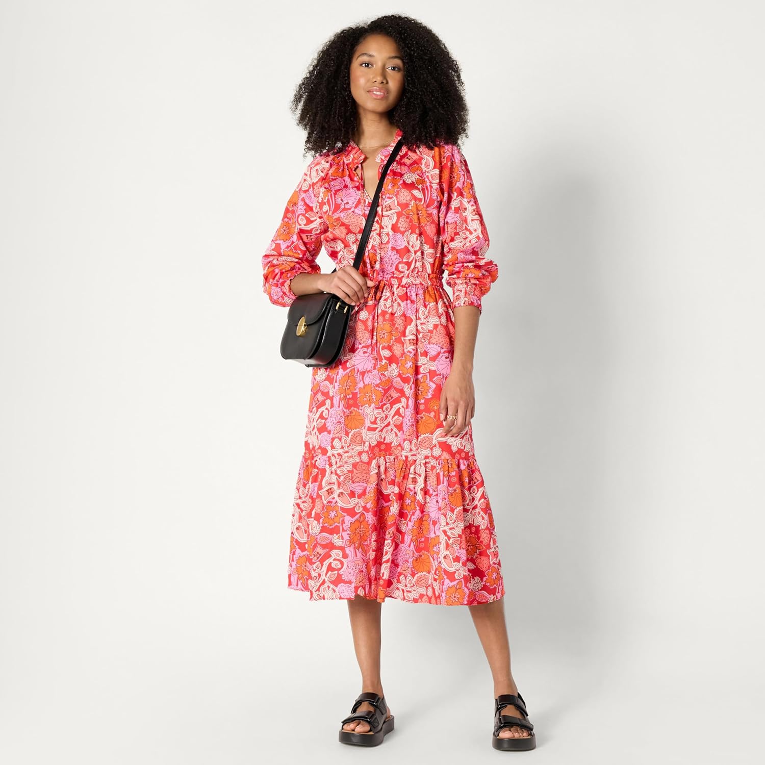 Detalle de Amazon Essentials Damen Mid-Rise A-Linie Baumwollsatin Midi-Rock mit Stufenvolumen