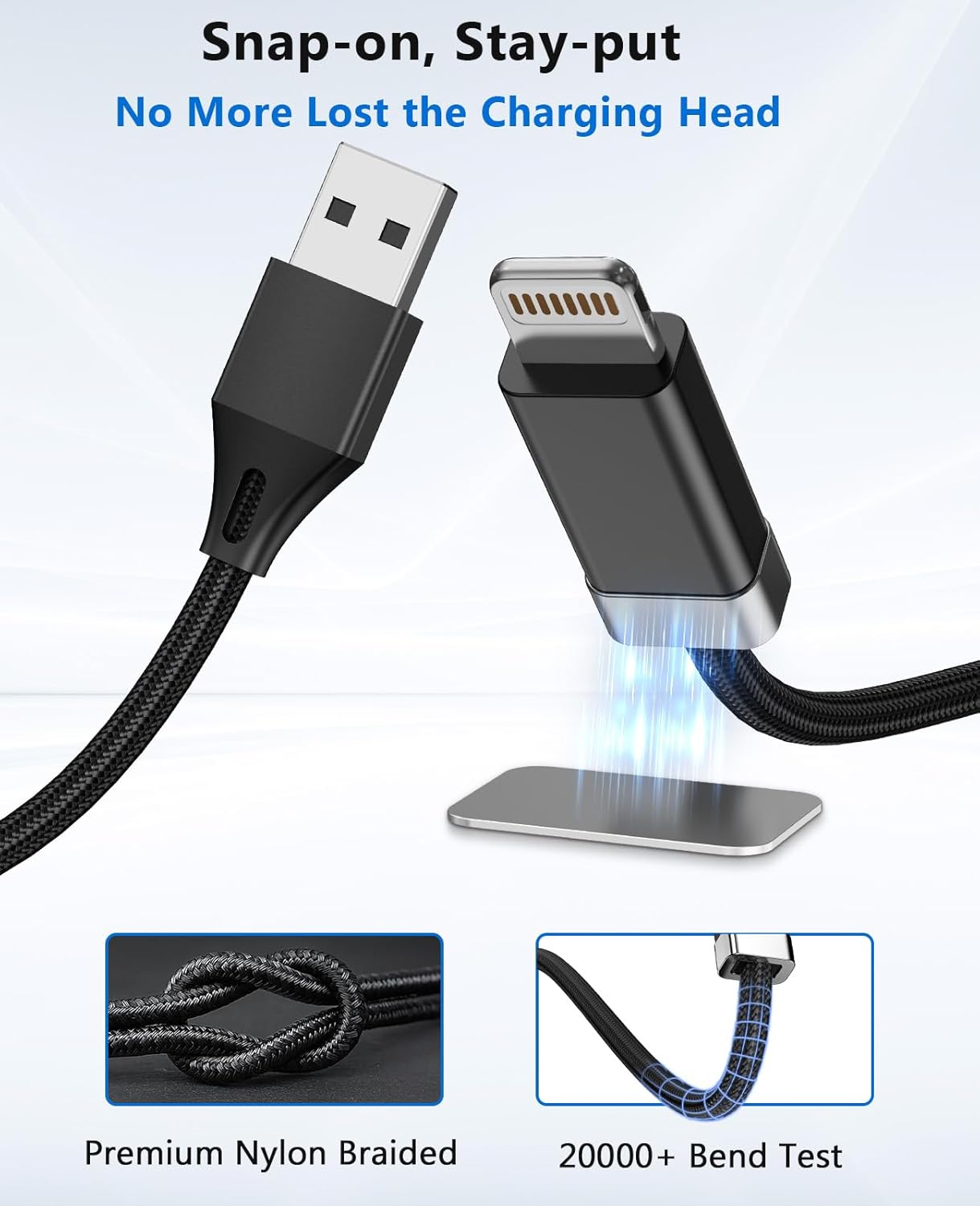 Thumbnail 1 de Magtame StayCable USB-A vers Lightning avec aimant Keeper (1 m) : câble tressé, charge rapide et données