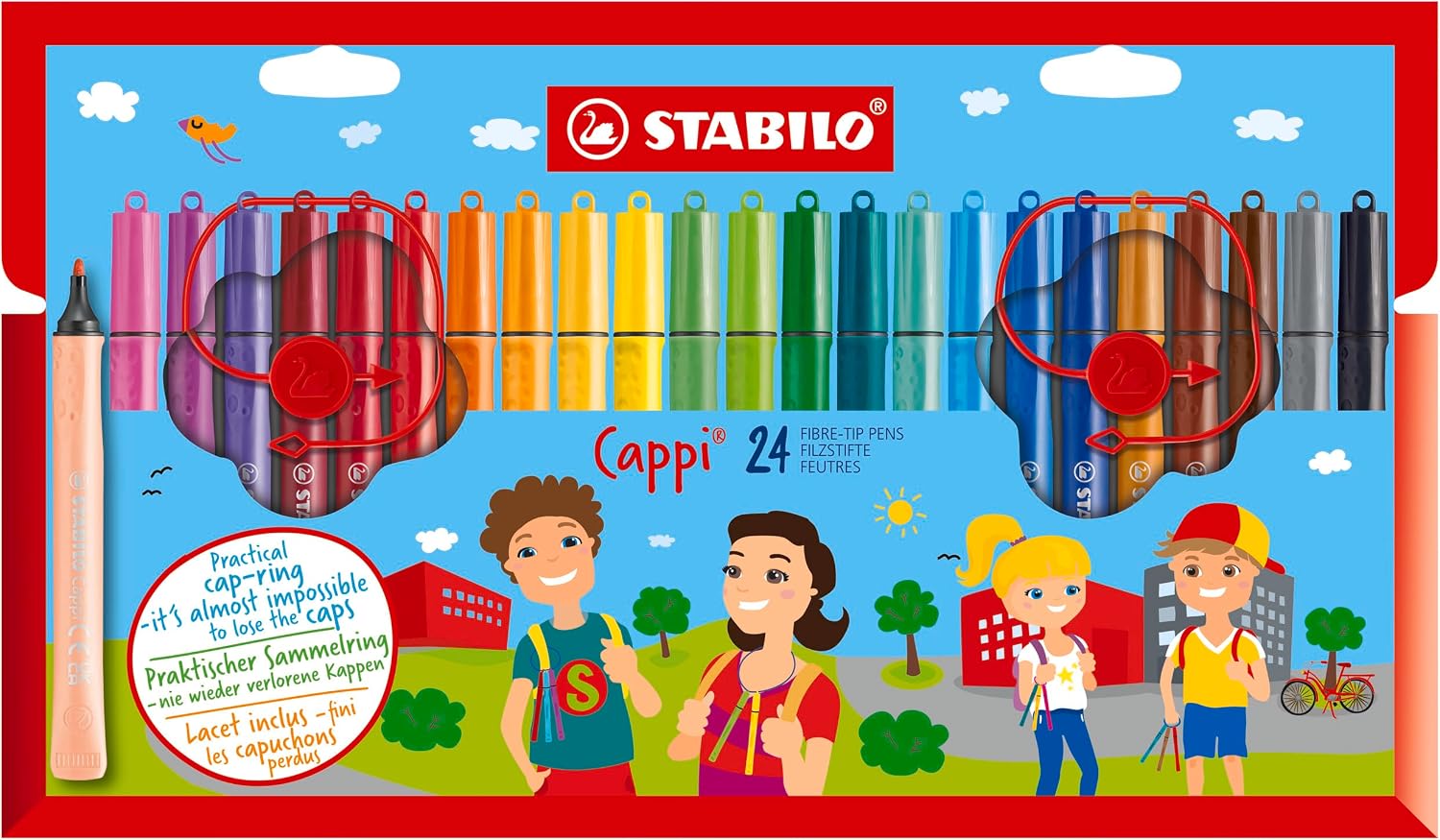 Detalle de STABILO Cappi Filzstift 24er Pack – Kappenring, Dreikant-Griff & auswaschbare Tinte