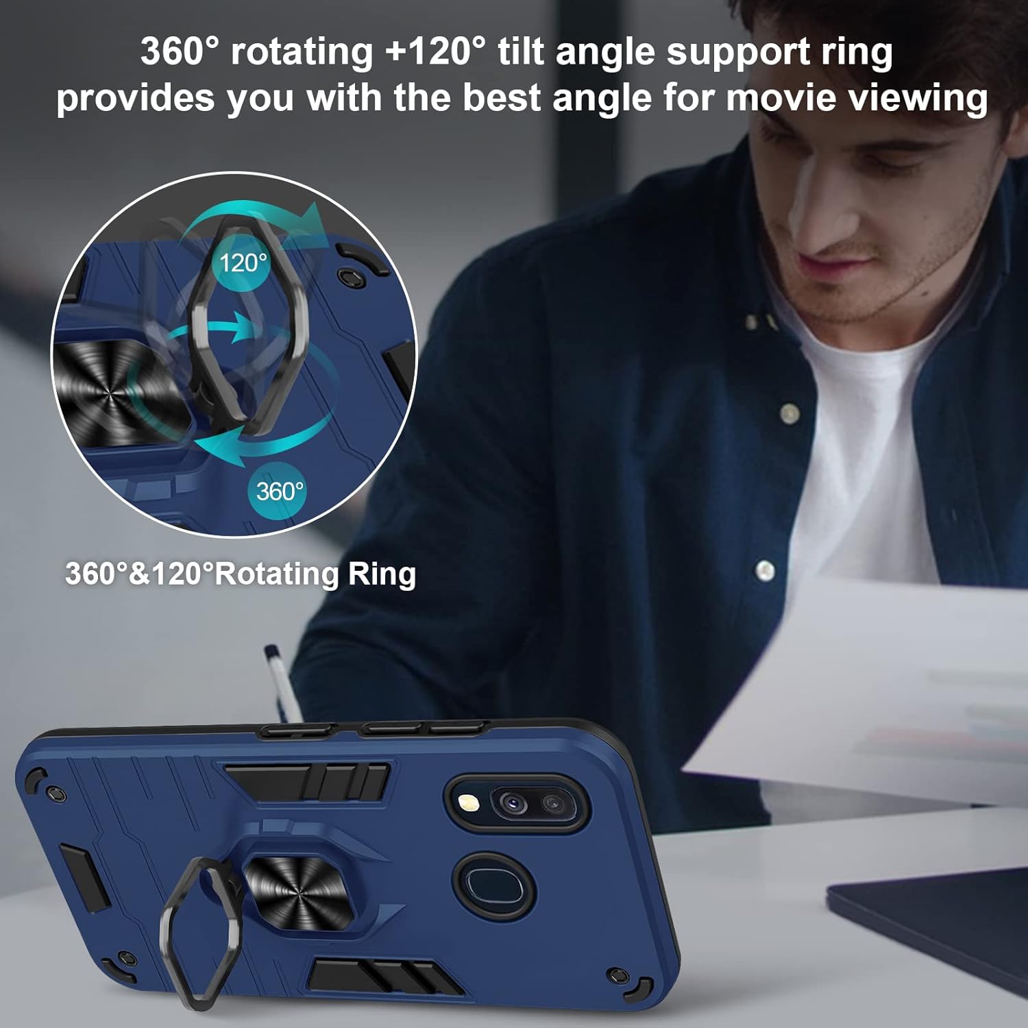 Thumbnail 1 de Btstring double-layer shockproof case for Samsung Galaxy A40 with screen protector and 360° metal ring stand (Blue)
