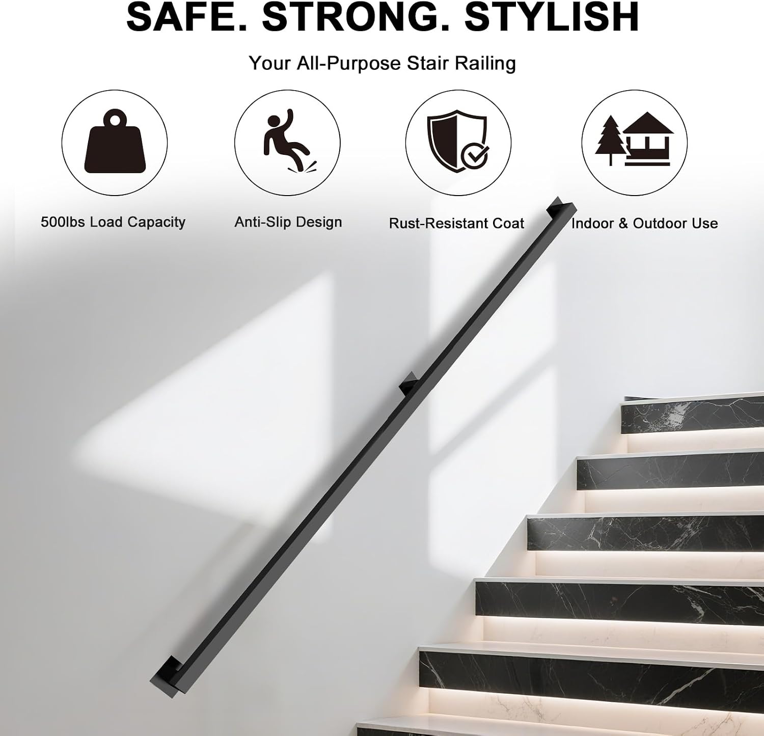 Detalle de VZNEK FGFS 5FT Stair Handrail, Black Iron, Wall-Mounted, 500 lb Capacity