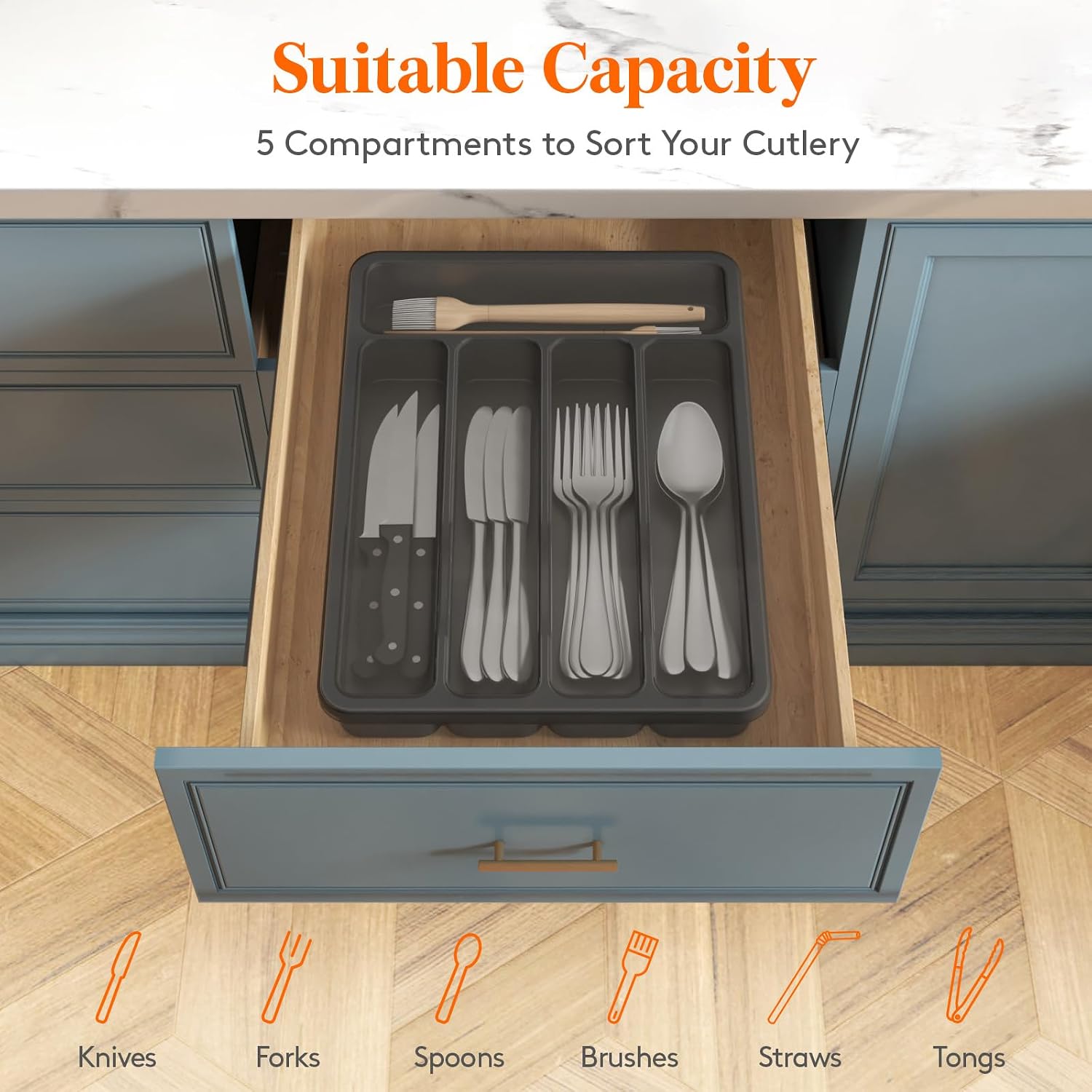 Detalle de Lifewit 24099 Cutlery Tray with Lid, 5 Compartments, Black