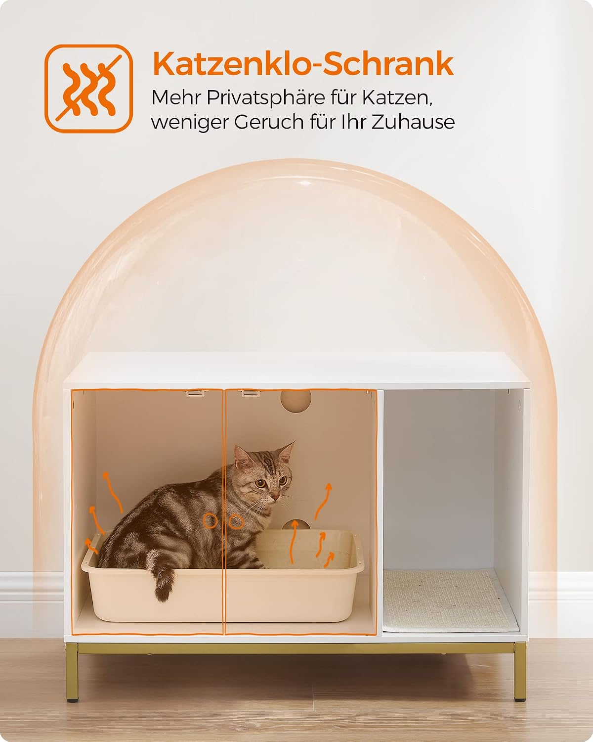 Detalle 2 de Feandrea Katzenklo-Schrank PCL007W01 mit Kratzmatte – Katzenhaus und Versteck für die Katzentoilette (80 x 50 x 55 cm) in Weiß-Gold
