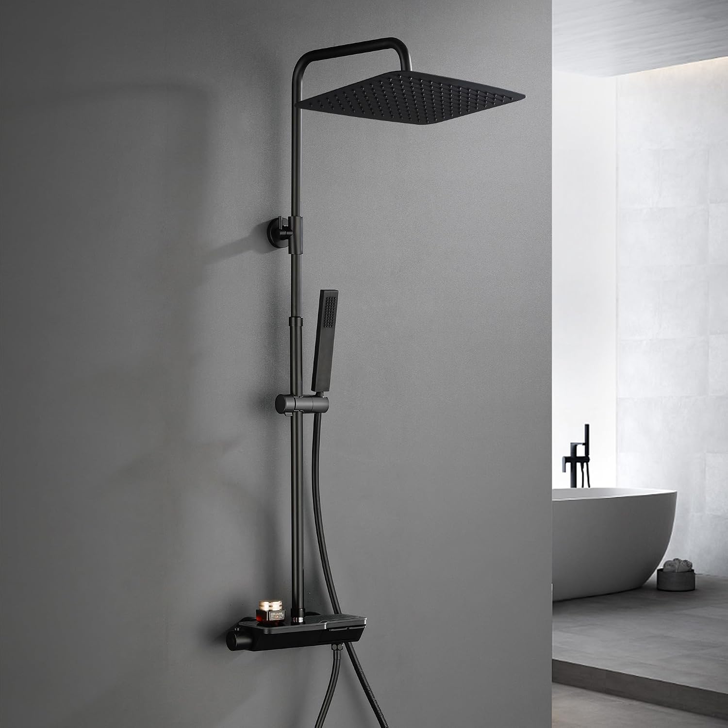 Detalle de Görbach Regendusche Duschsystem Wassersparend: Edelstahl Dusche mit verstellbarer Stange, 35x25 cm Kopfbrause und Thermostat