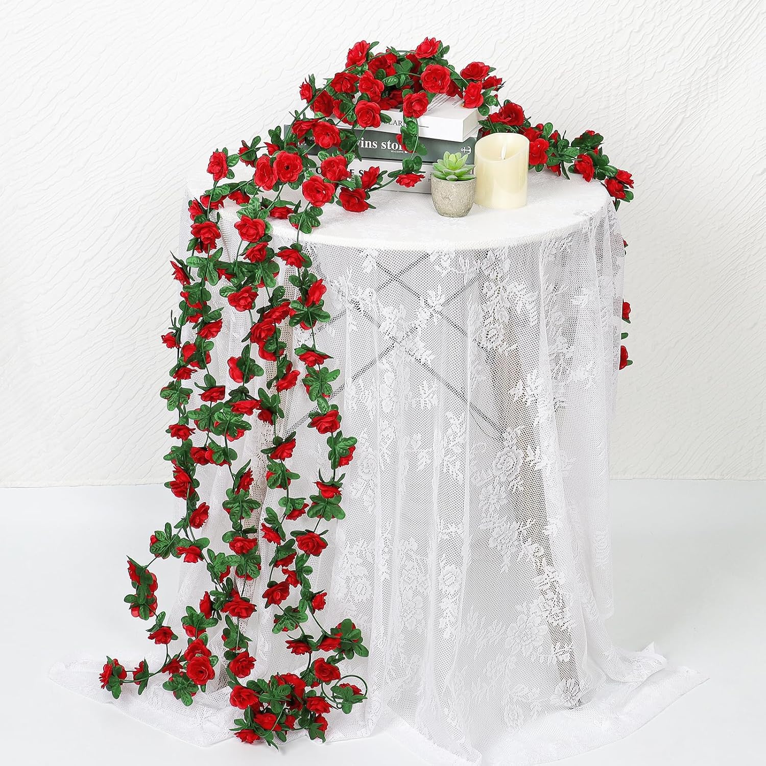 Detalle de KHOYIME 9 Pack 72 FT Artificial Flower Garland (Red Roses) – Silk-Style Faux Vine for Outdoor & Wedding Decor