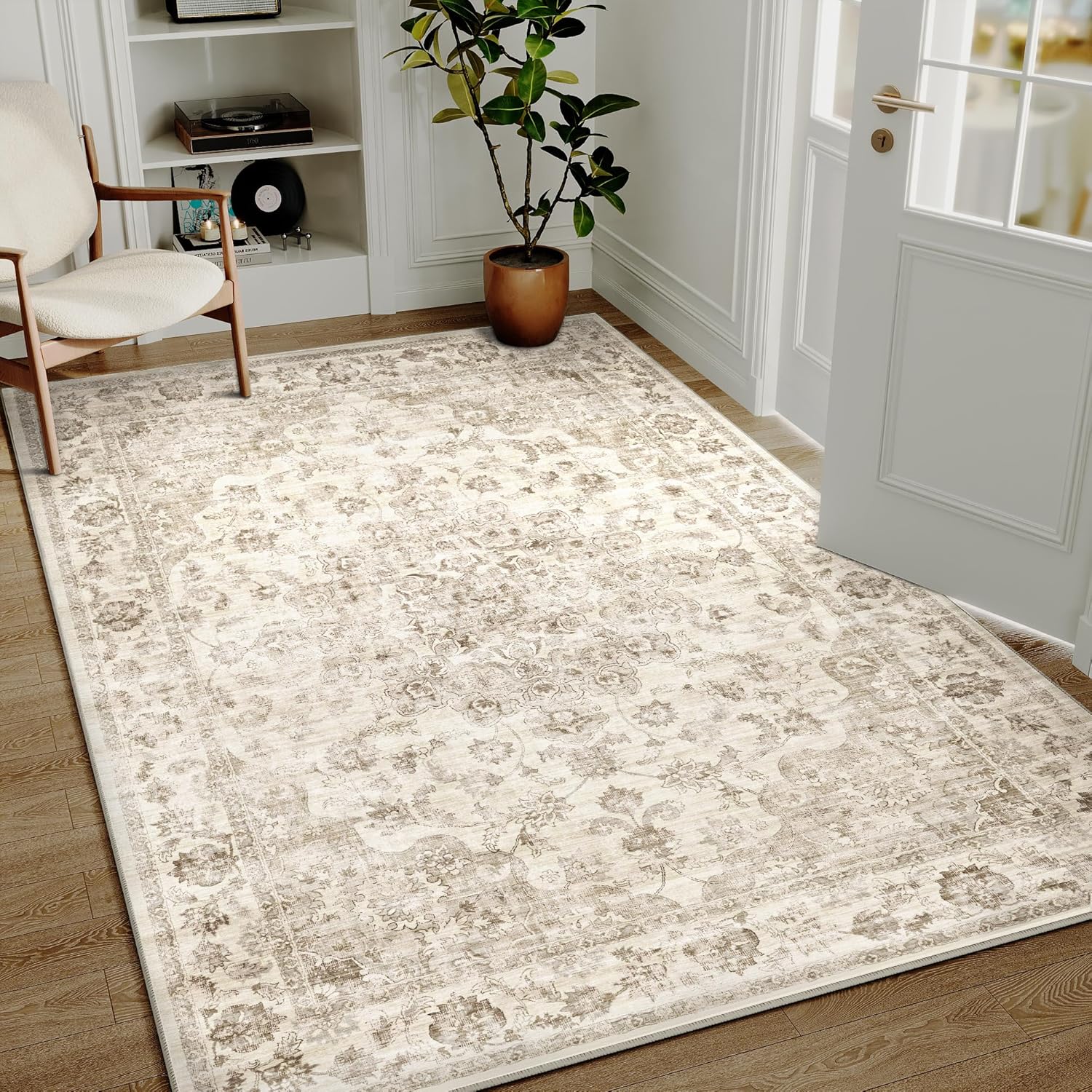 Detalle de HUGEAR Vintage Beige waschbarer runder Teppich (150 cm) – kurzflorig, rutschfest für Wohnzimmer, Schlafzimmer & mehr