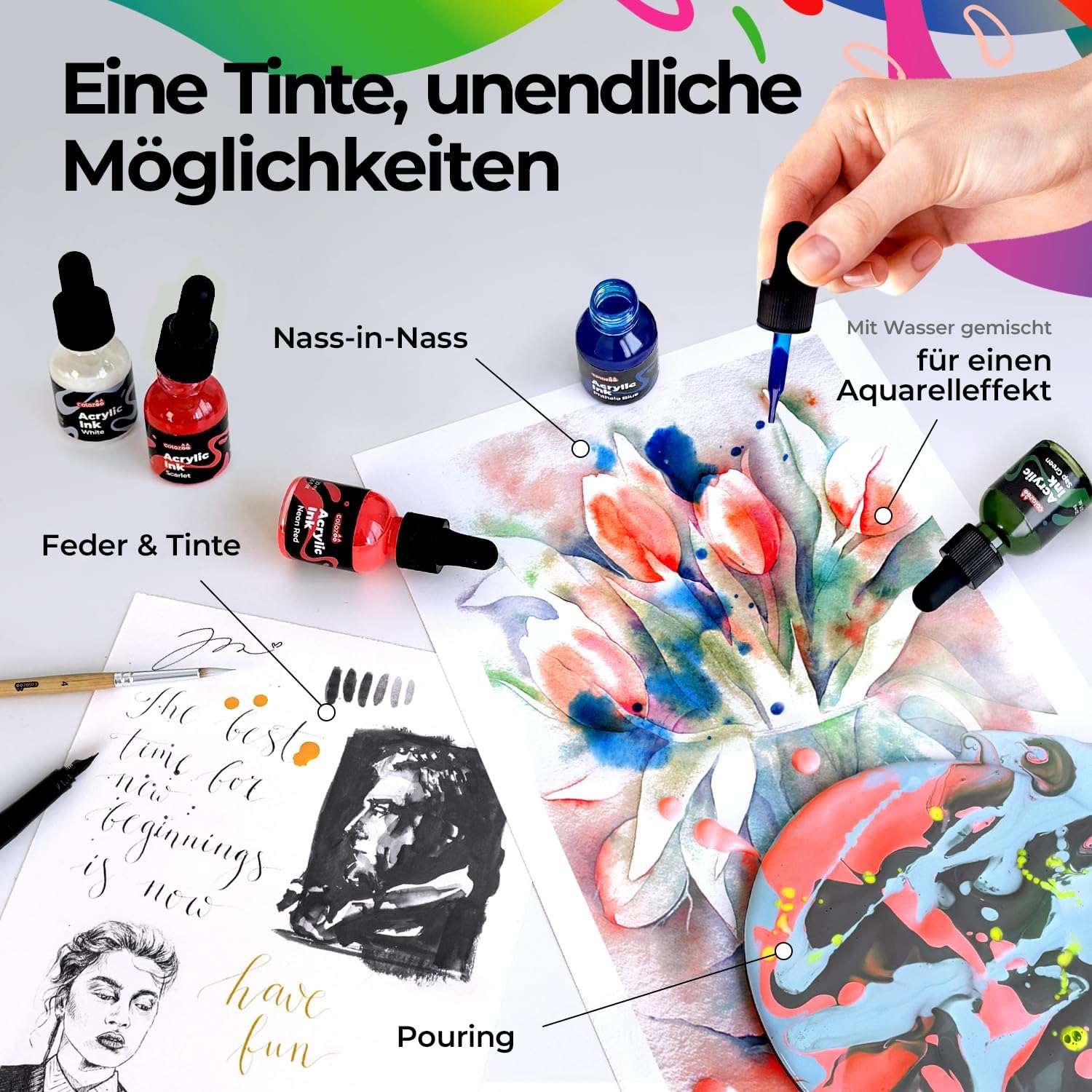 Detalle 2 de Colozoo Acrylic Ink Set 8x20 ml – permanente Acryl-Tinte (6 Grundfarben & 2 Neonfarben)
