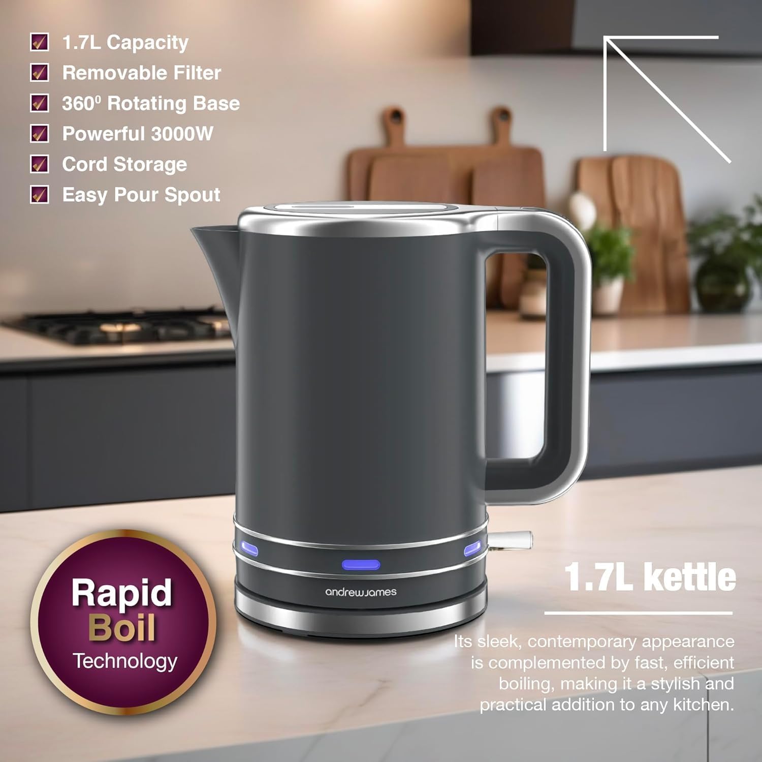 Thumbnail 1 de Andrew James Lumiglo Fast Boil Electric Kettle (Grey) 1.7L, 3000W cordless quiet boil