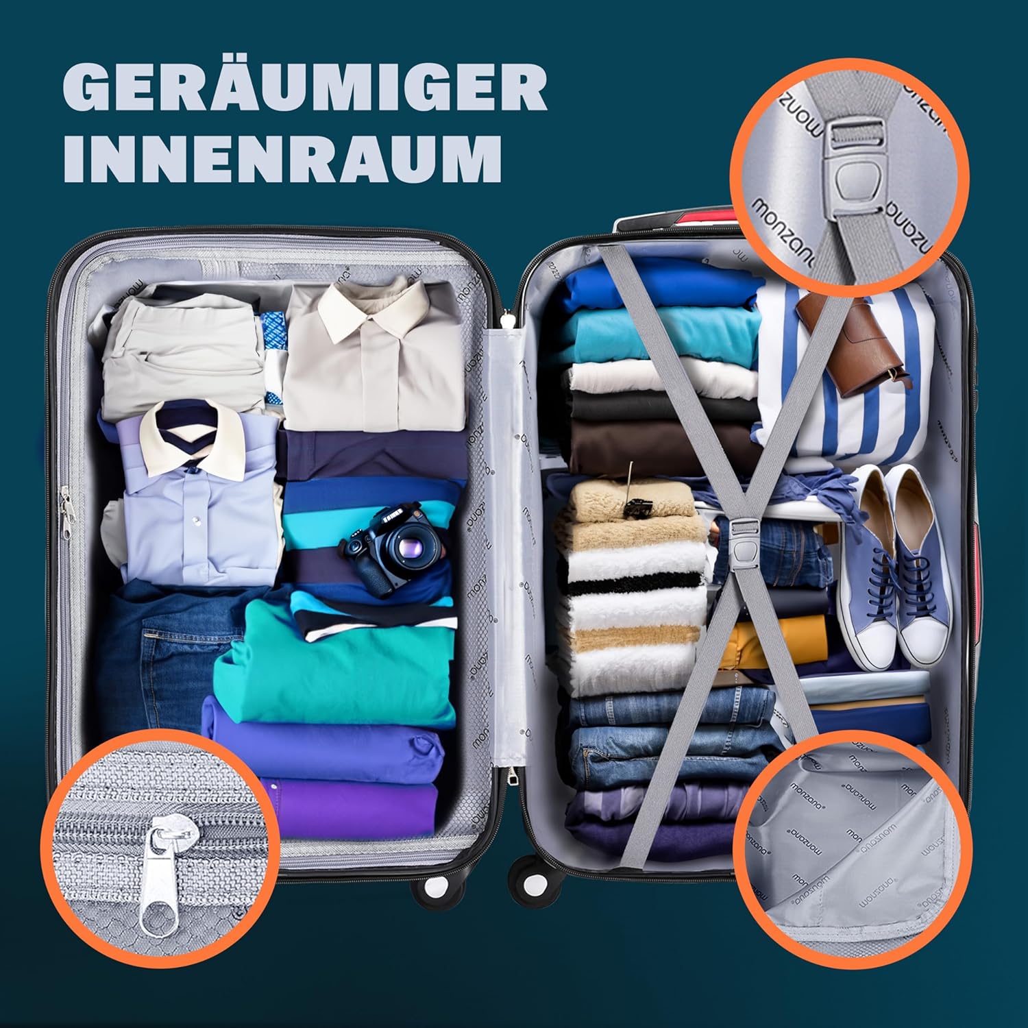 Detalle 2 de MONZANA® Kofferset 4-teilig S–XL Hartschalen-Trolley mit ABS, Gel-Griffen, 4 Rollen und Zahlenschloss