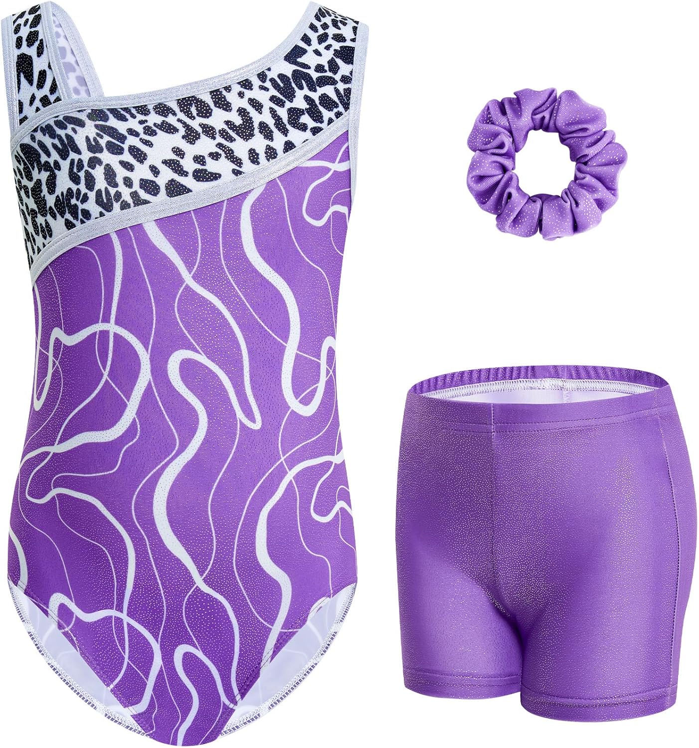 Detalle de Gogokids Girls' Three-Piece Gymnastics Set: Sleeveless Leotard + Shorts + Hairband with Gradient Design