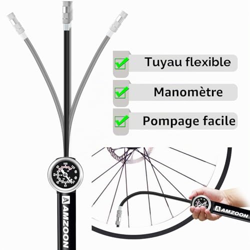 Detalle de AMZOON Mini Pompe à Vélo avec Manomètre, 120 PSI — compacte, polyvalente et précise