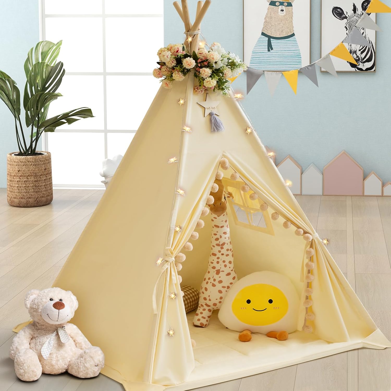 Detalle de WIRHAO kids teepee tent with padded mat, cotton canvas and star lights (cream)